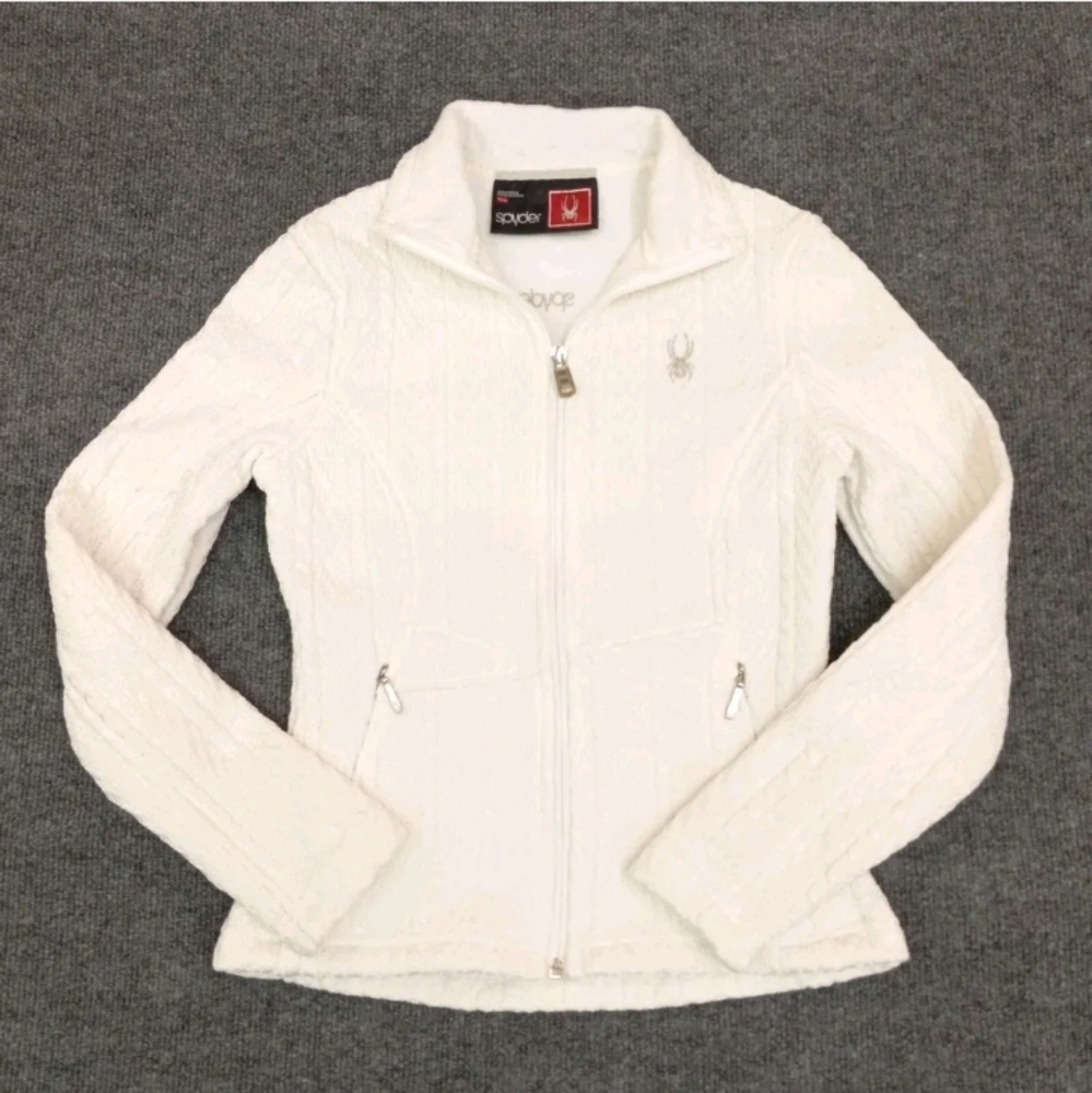 Womens Sz XS SPYDER White Cable Knit Core Fleece Lined Zip Up Jacket w/ Pockets